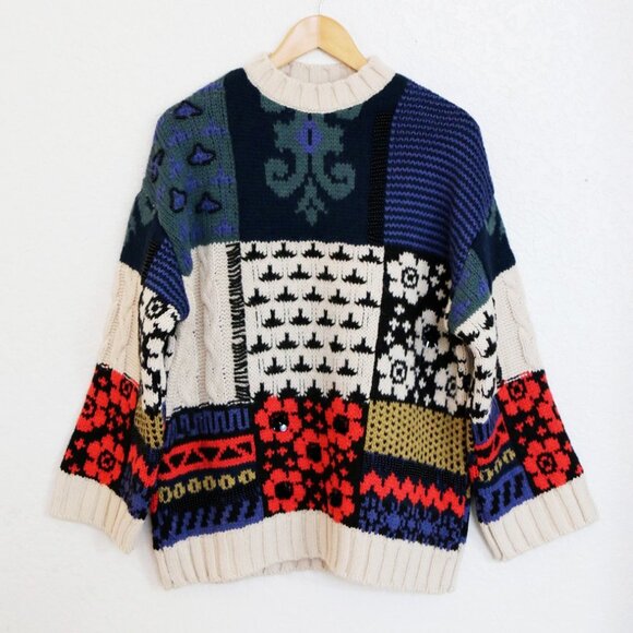 NEW Zara Patchwork Wool Blend Beaded Applique Oversize Sweater M Limited Edition - Picture 11 of 13